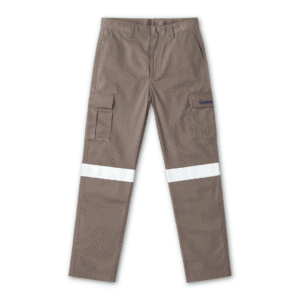Pantalón industrial beige tipo cargo con cintas reflejantes