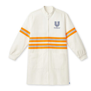 Bata uniforme industrial blanca con reflejante de alta visibilidad